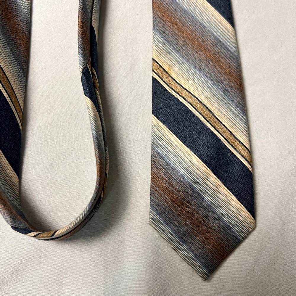 Vtg 70's Retro Diagonal Stripe Necktie Navy Blue Brown Tan Grey Classic Wide Tie